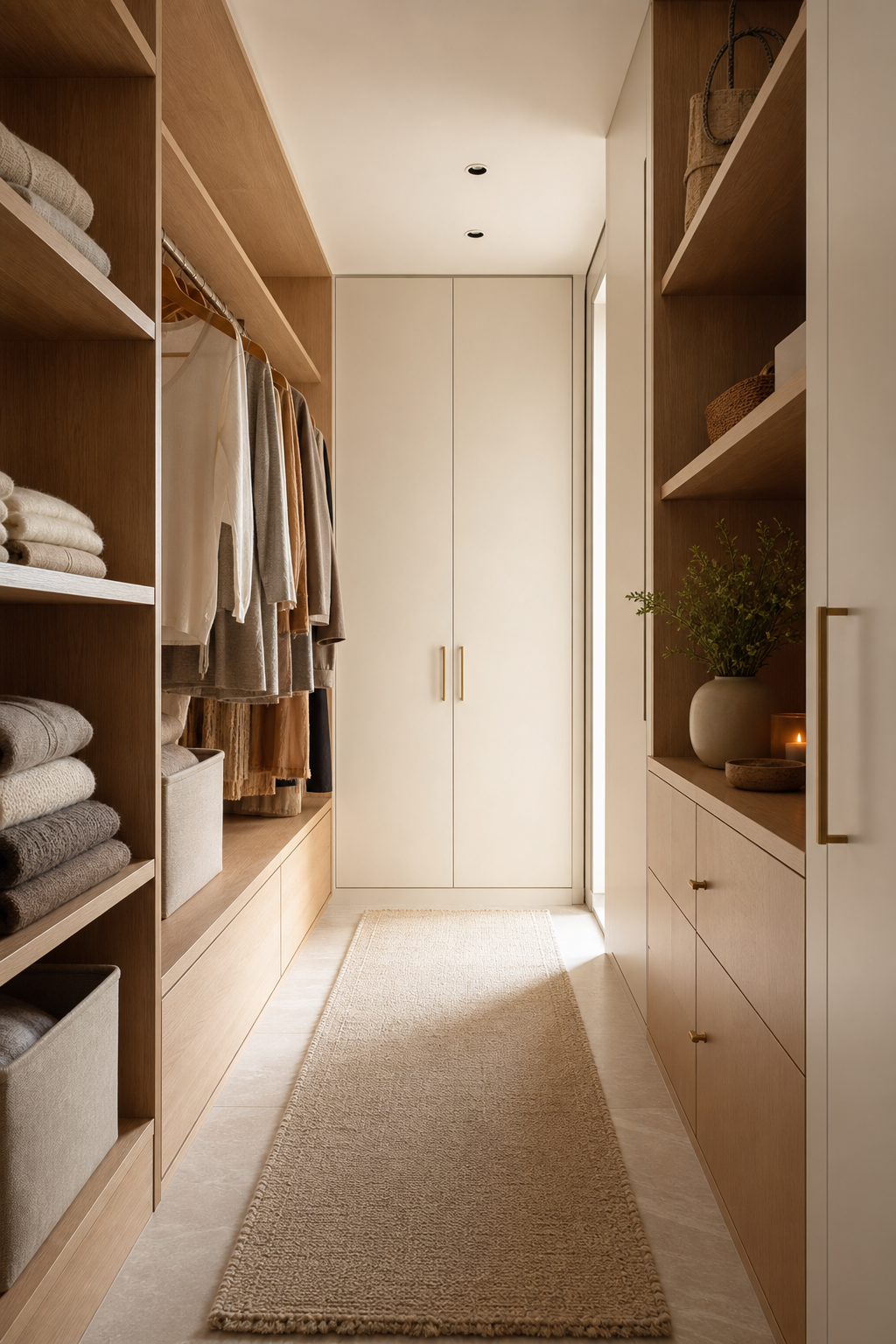Warm Minimal Closet With Oak Shelves in a neat stylish closet