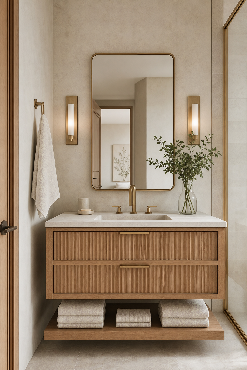 Start with warm wood vanity in a spa-like guest bathroom