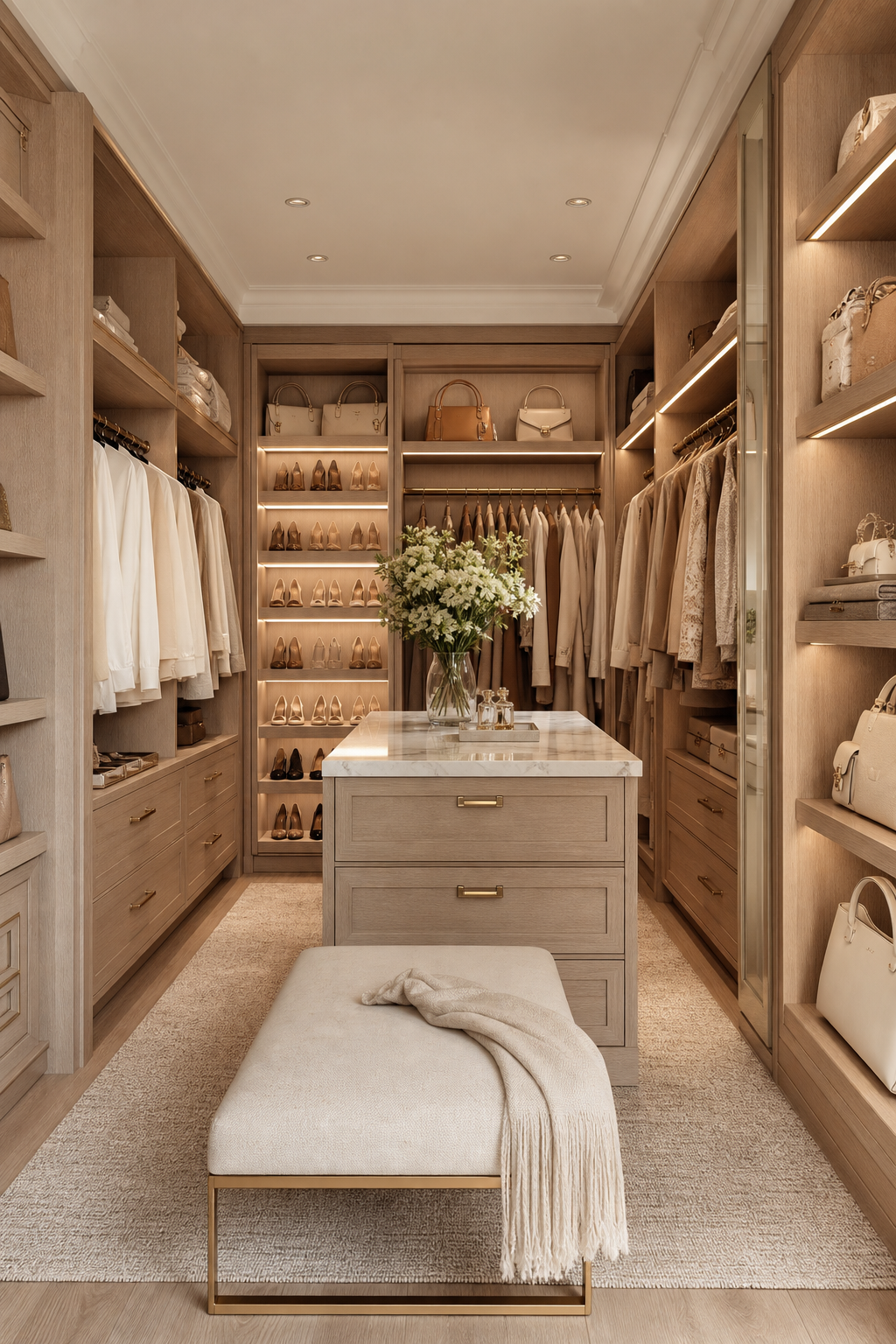 Boutique-style walk-in closet with white oak cabinetry, marble island, brass hardware, and illuminated shelves