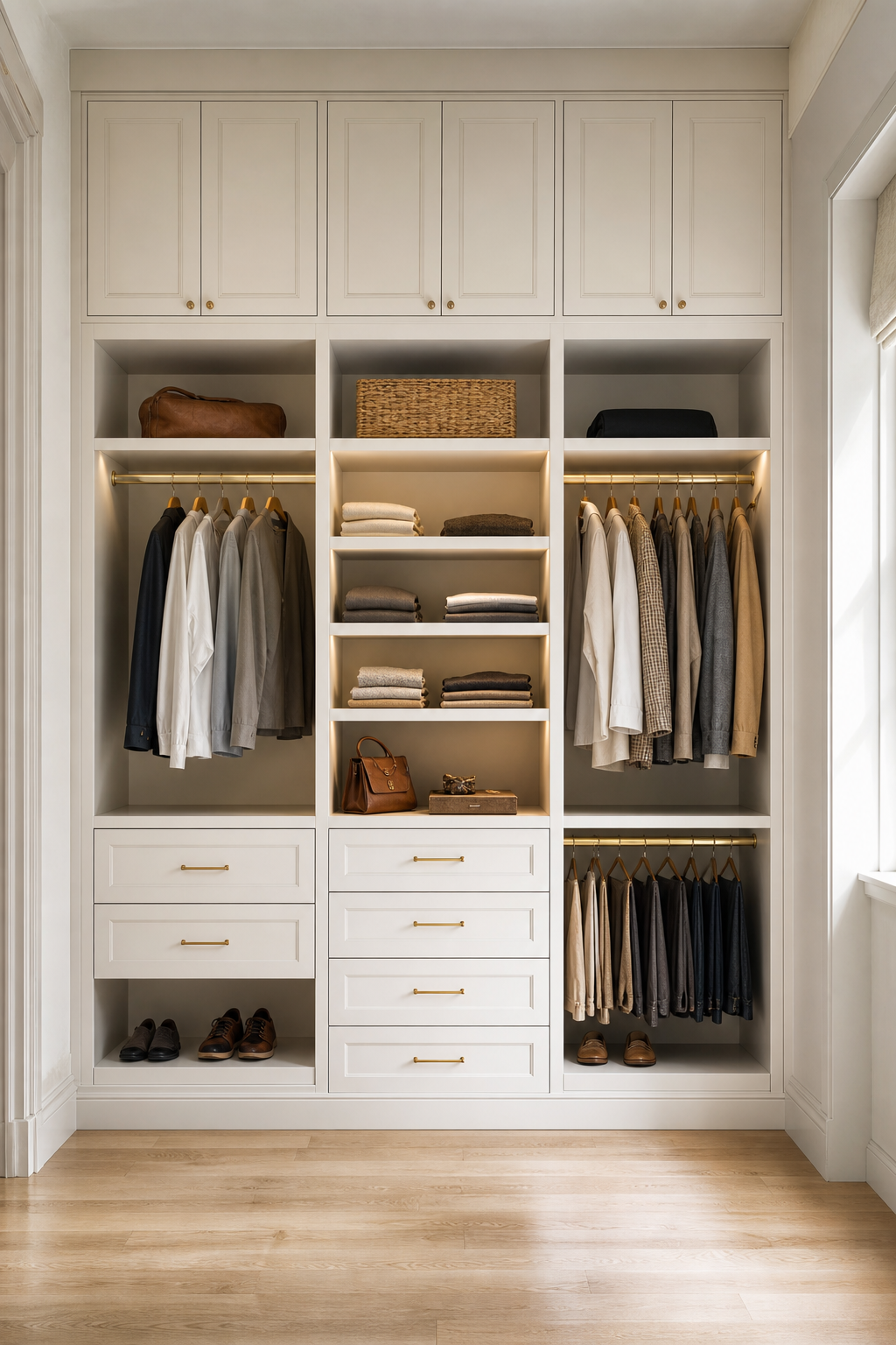 Design A Full Wall Wardrobe System in a neat stylish closet room