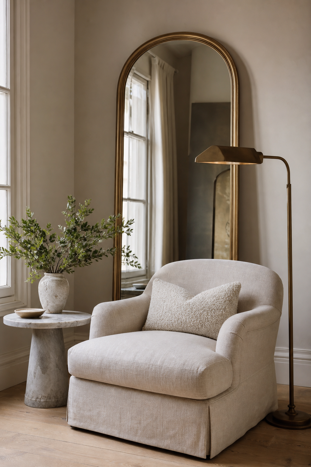 Arched standing mirror behind a linen accent chair in an elegant reading corner
