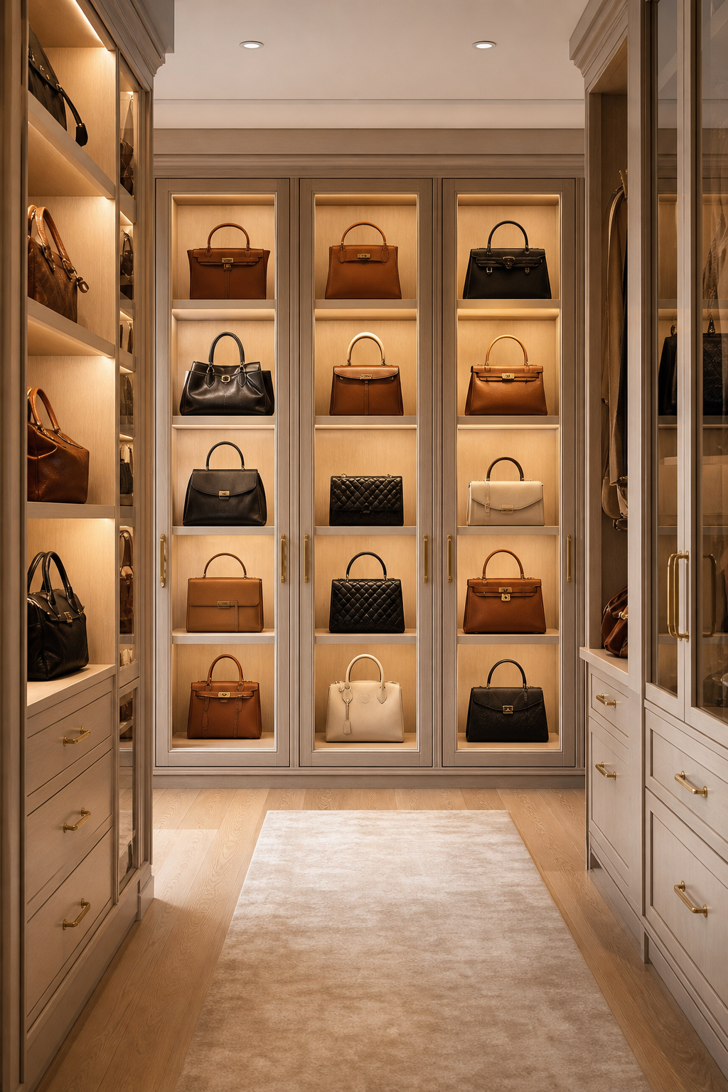 Use Glass-Front Bag Cabinets in a neat stylish handbag closet