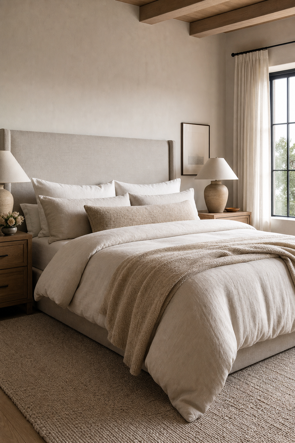 Cozy bedroom with layered linen bedding, upholstered headboard, and oak nightstands