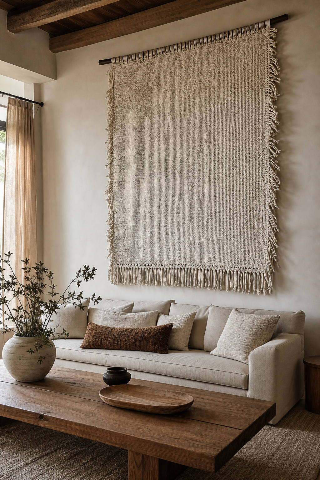 Oversized woven textile wall hanging above a sofa