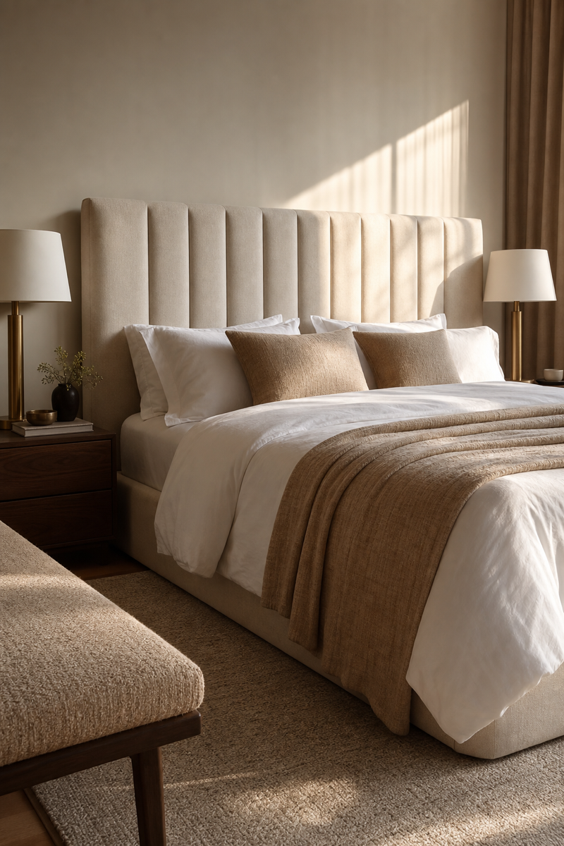 Dreamy bedroom with tall upholstered headboard and layered bedding