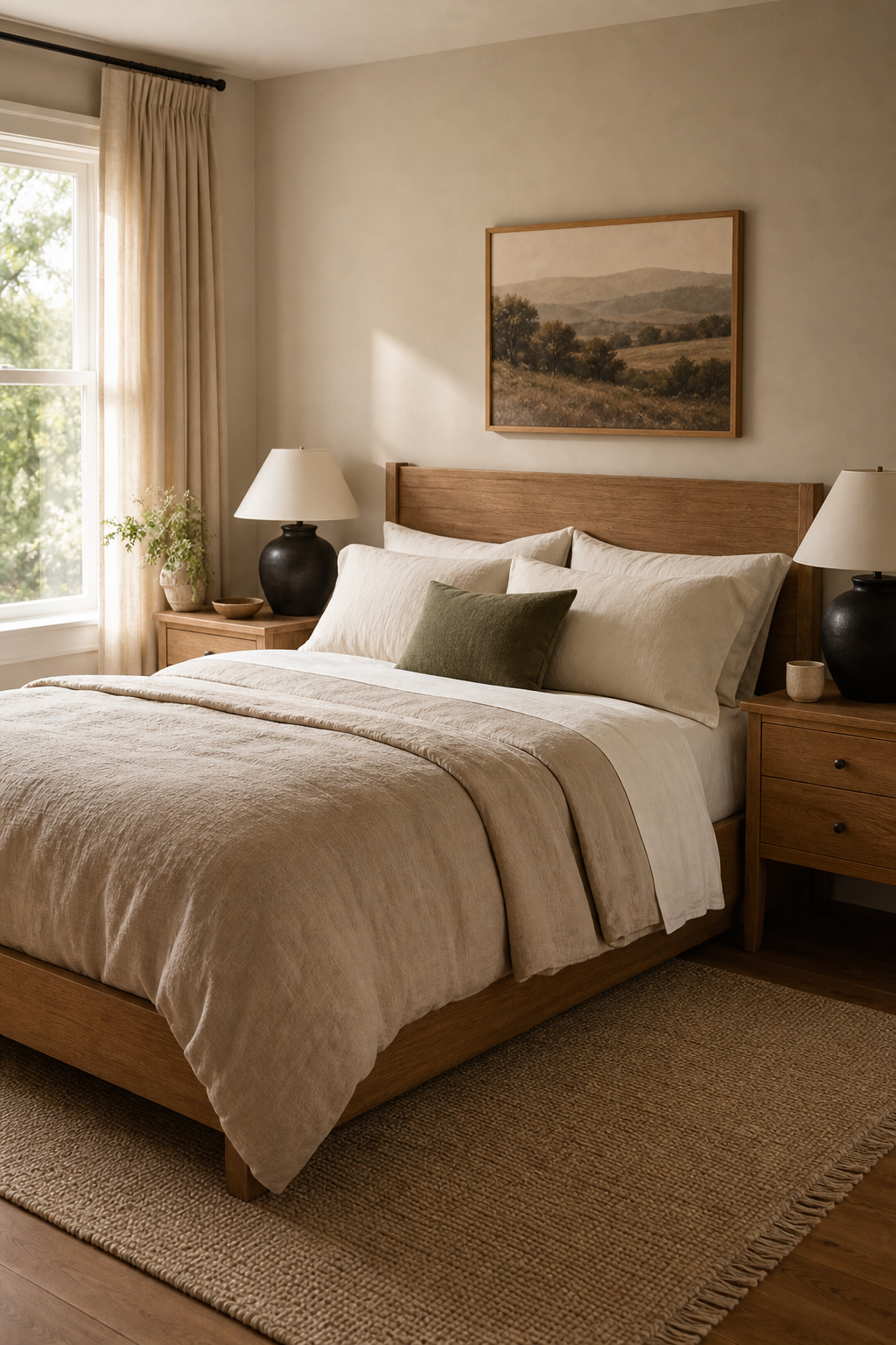 Warm honey oak bedroom with cream bedding and sage accents