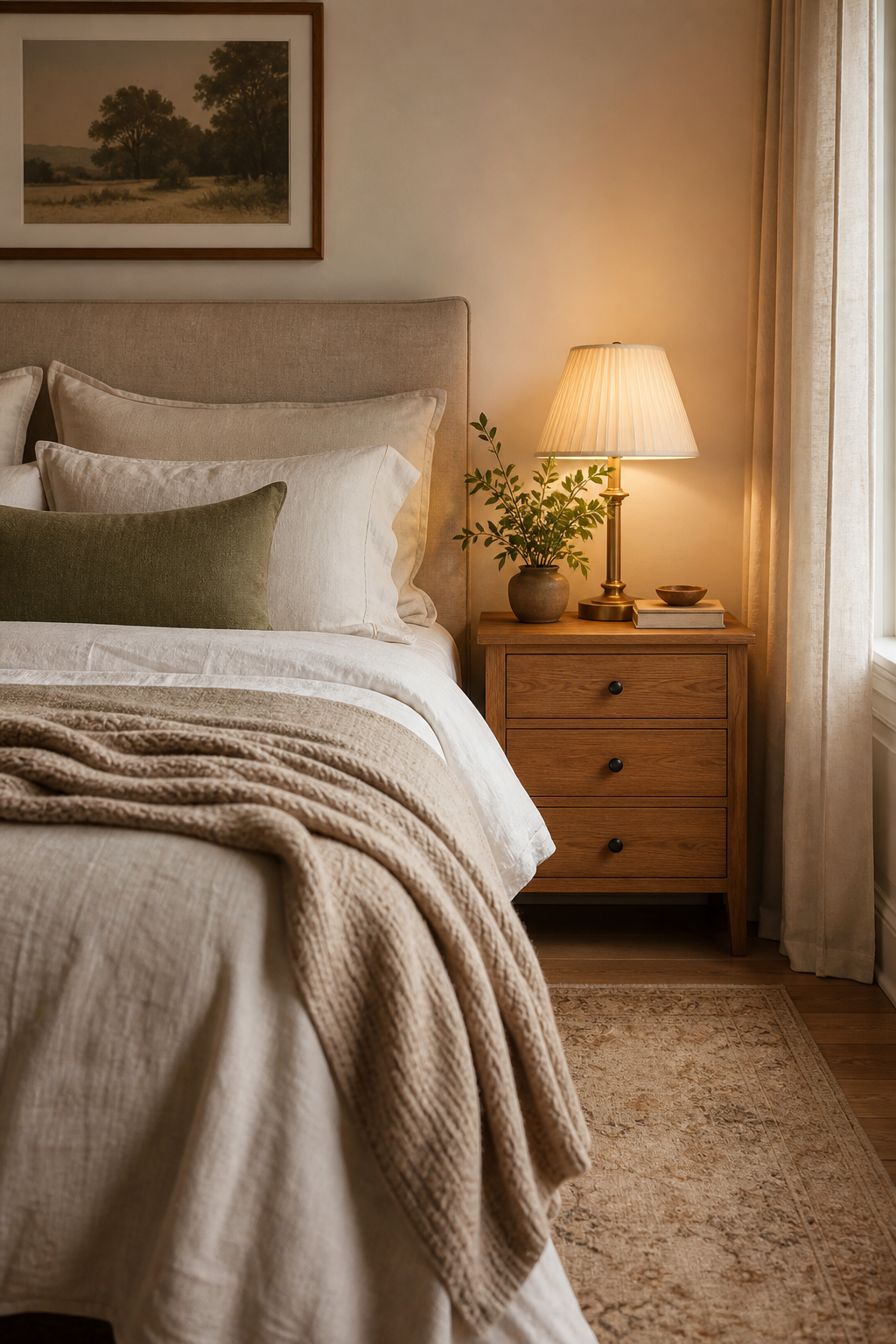 Aesthetic bedroom corner with layered bedding and warm bedside lamp