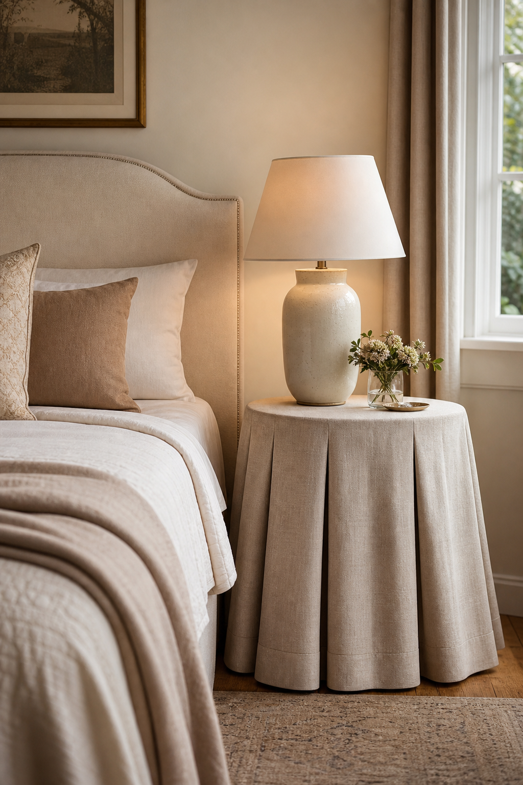 A skirted bedside table featuring hidden storage