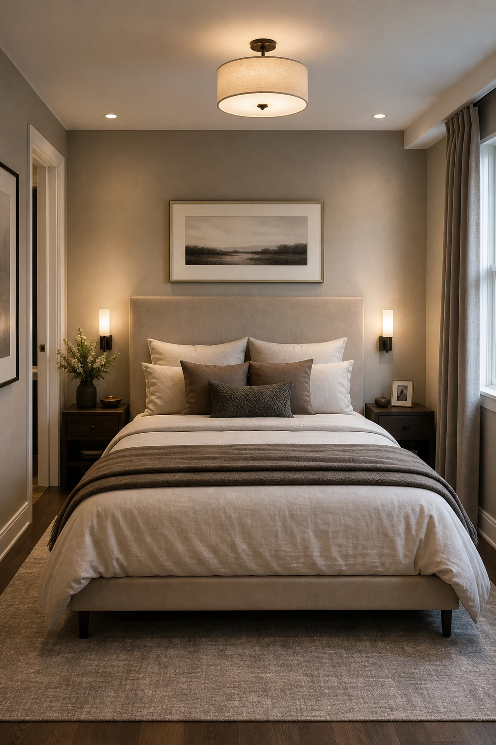 Small bedroom with bed centered on the longest wall and clear walking path