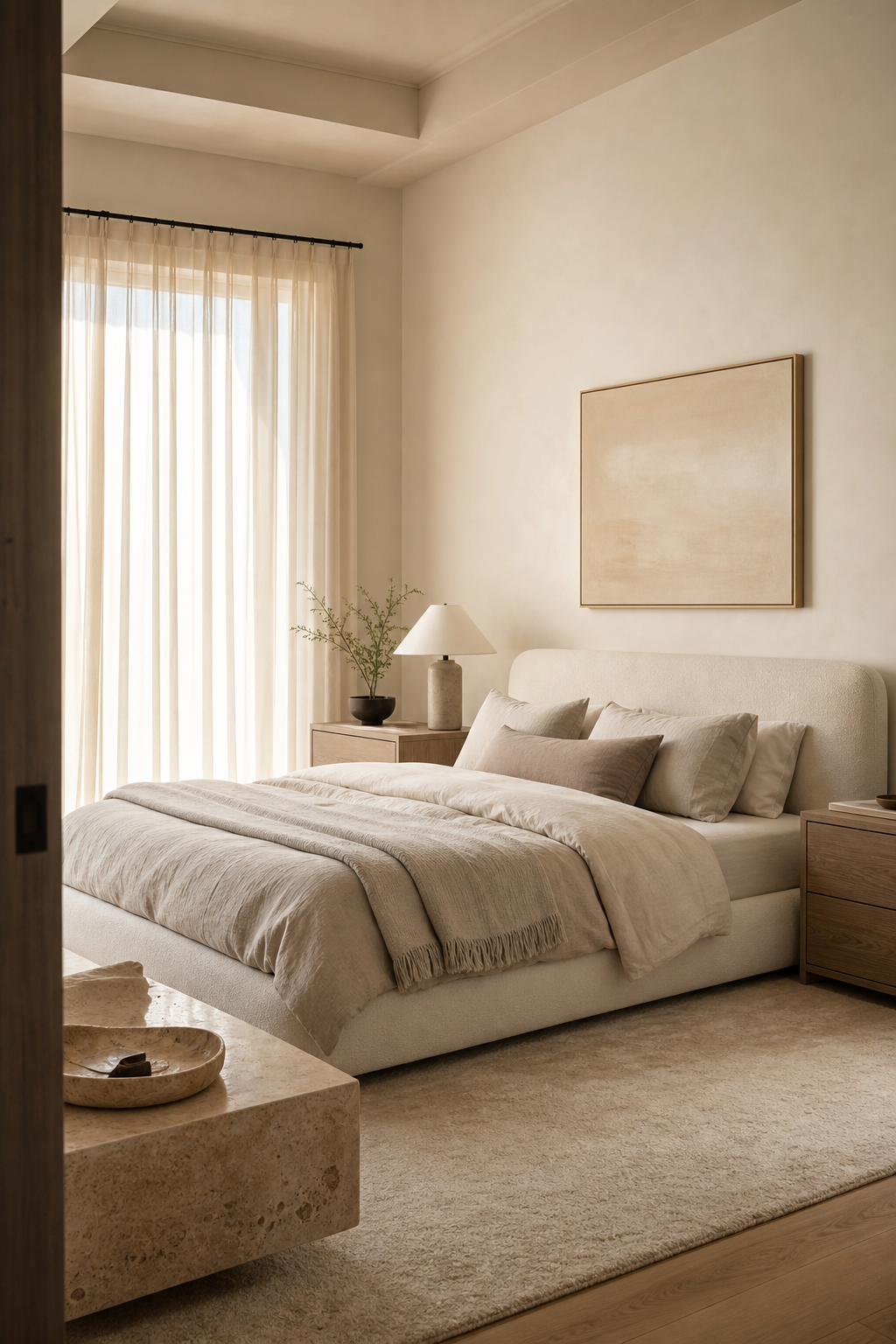 Warm neutral minimal bedroom with ivory walls, greige linens, oak nightstands, and soft morning light