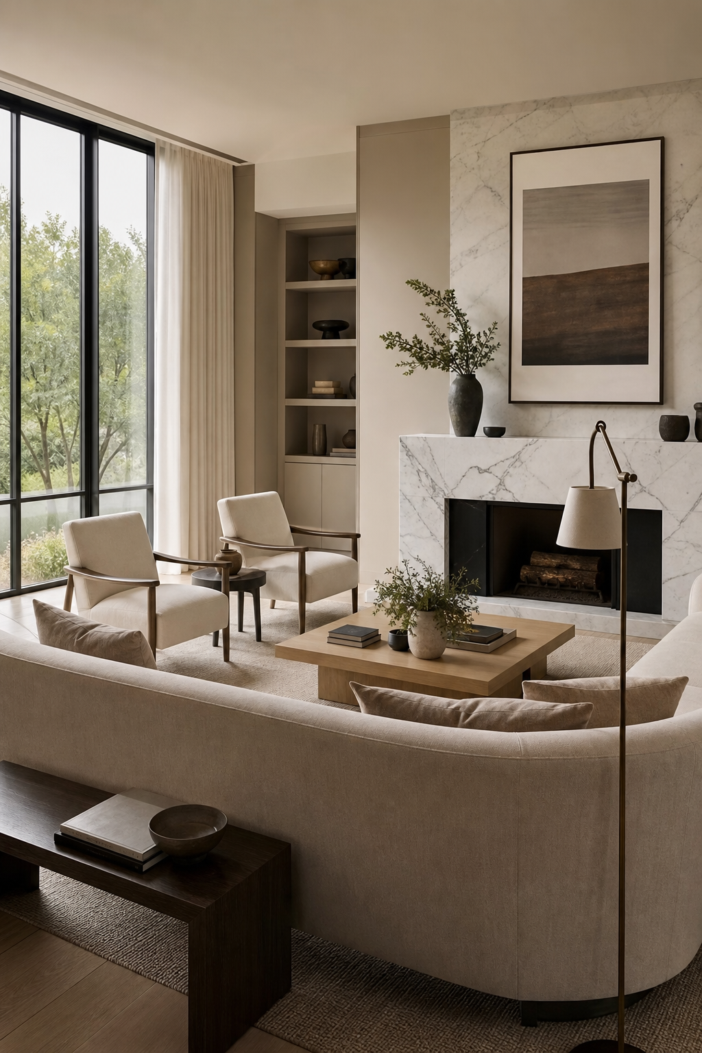 Luxury living room with a refined furniture layout and seating arranged around a fireplace