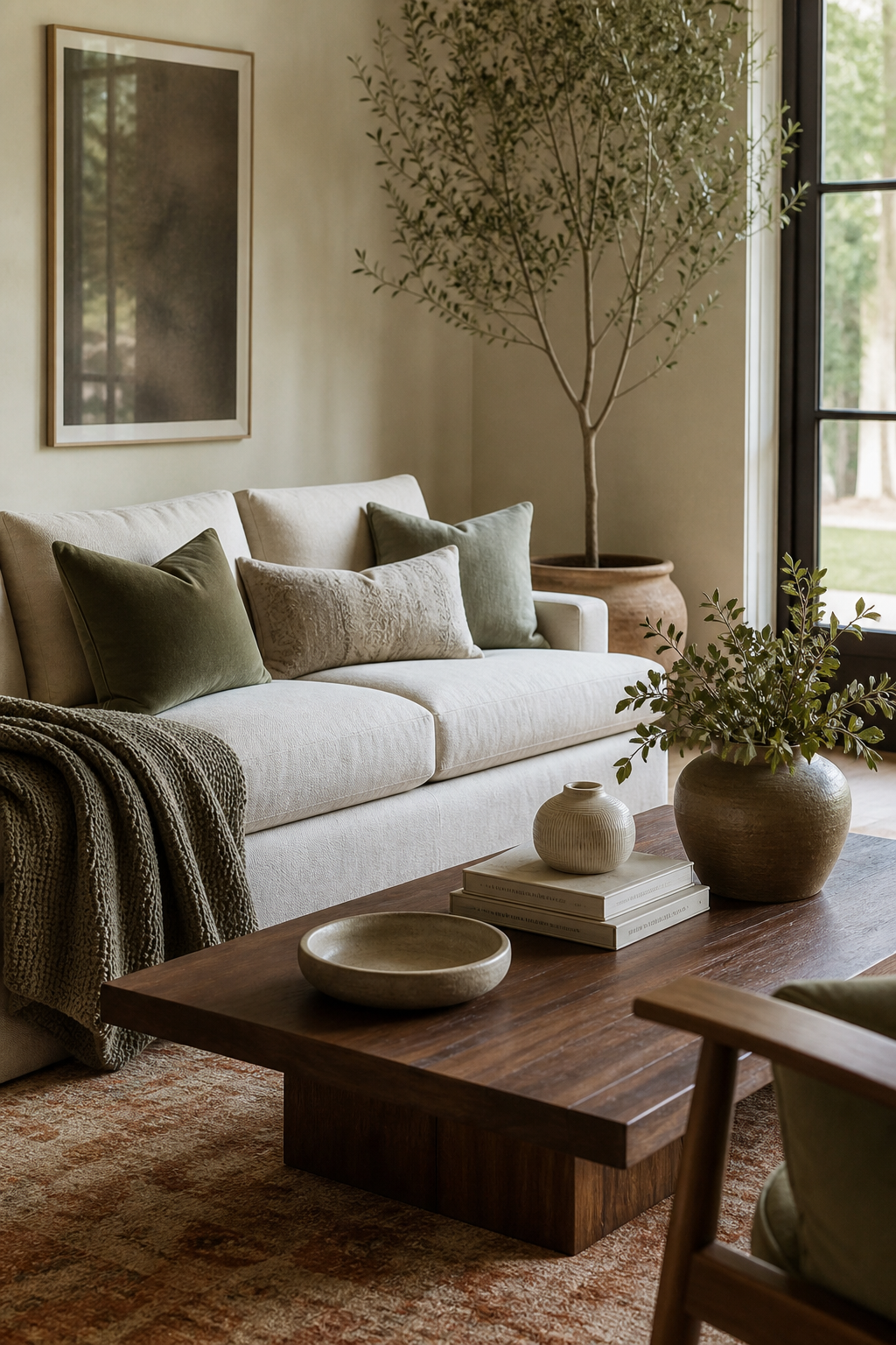 Aesthetic room palette with ivory walnut and muted sage accents