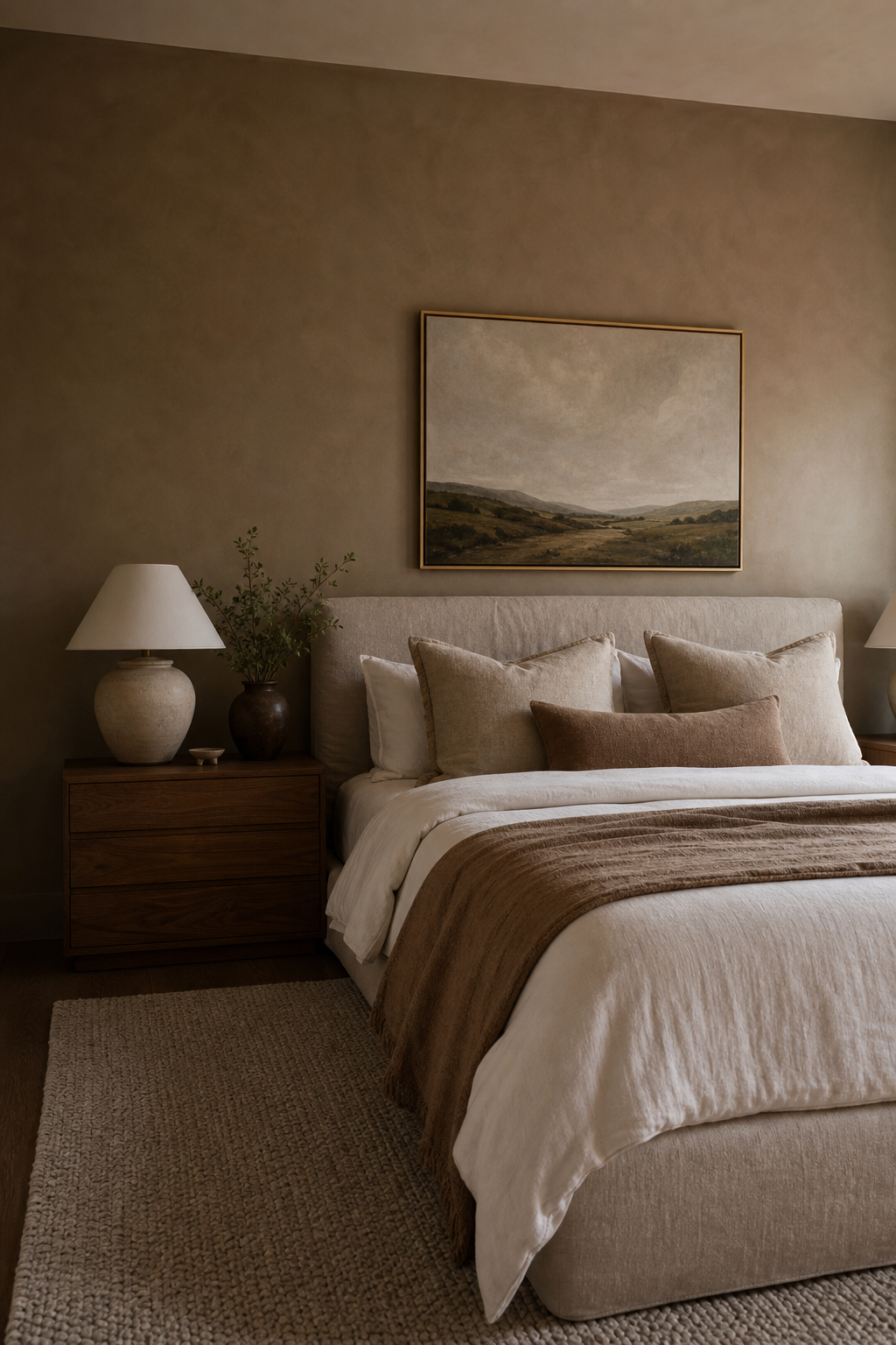 Earthy bedroom with mushroom plaster walls, linen bed, walnut nightstands, and ceramic lamps
