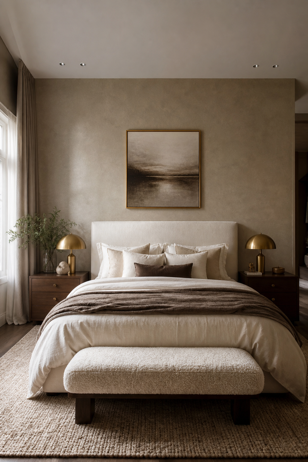 Cozy luxury bedroom with centered upholstered bed, matching nightstands, brass sconces, and layered neutral bedding