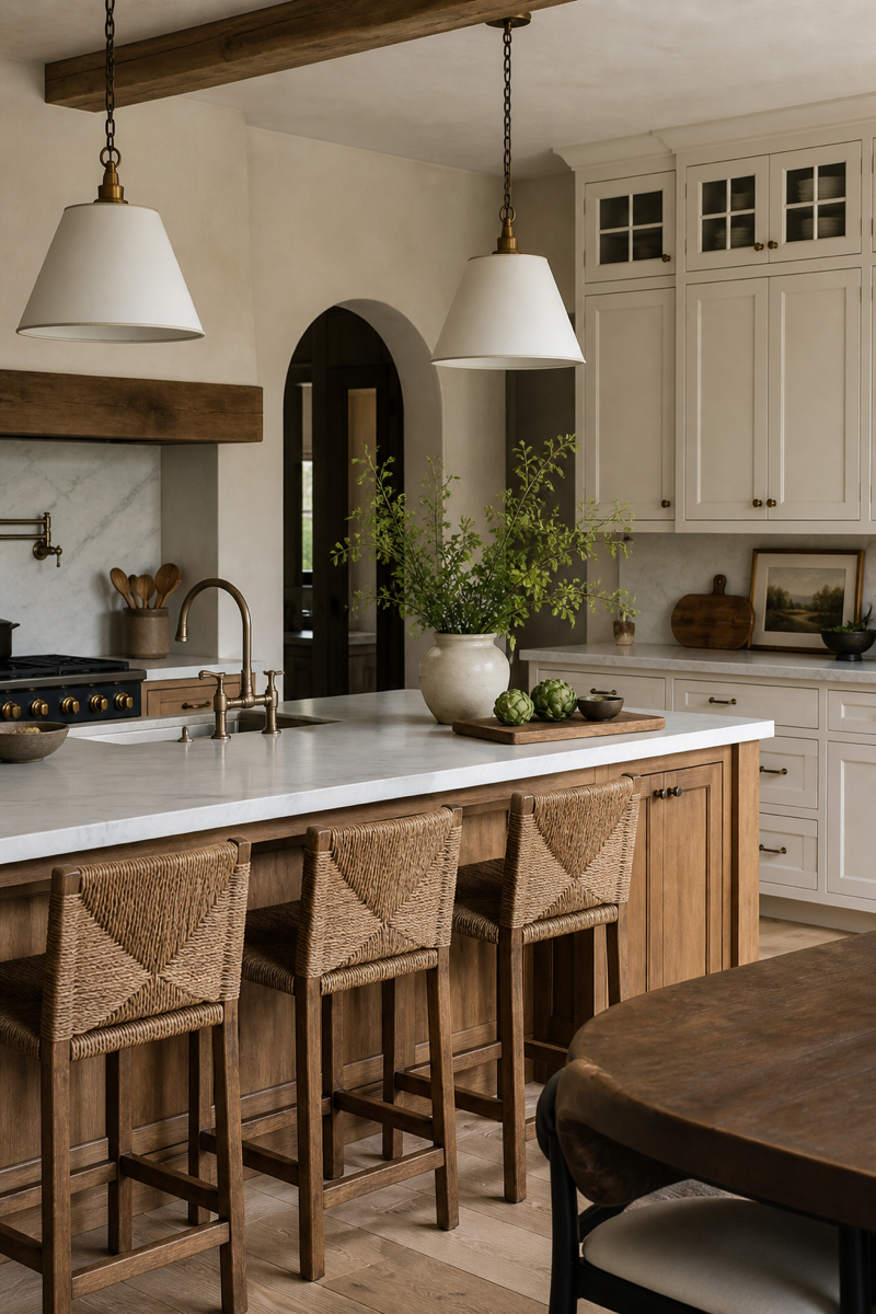Warm functional kitchen with oak island and refined natural materials
