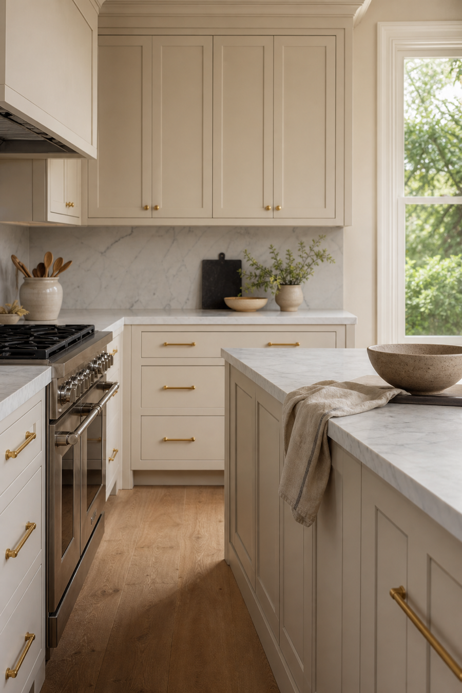 Warm neutral kitchen with cream inset cabinets and brass hardware