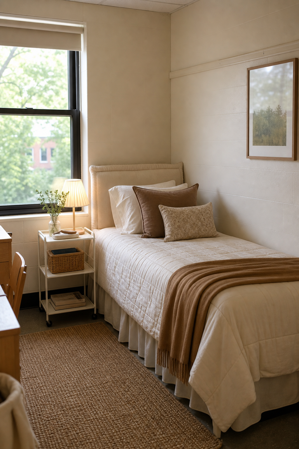 Dorm bed with layered cream bedding, camel throw, and padded headboard pillow