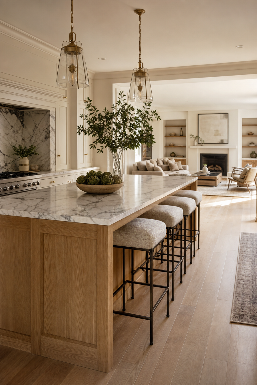 Open kitchen with oak island dividing cooking and living zones