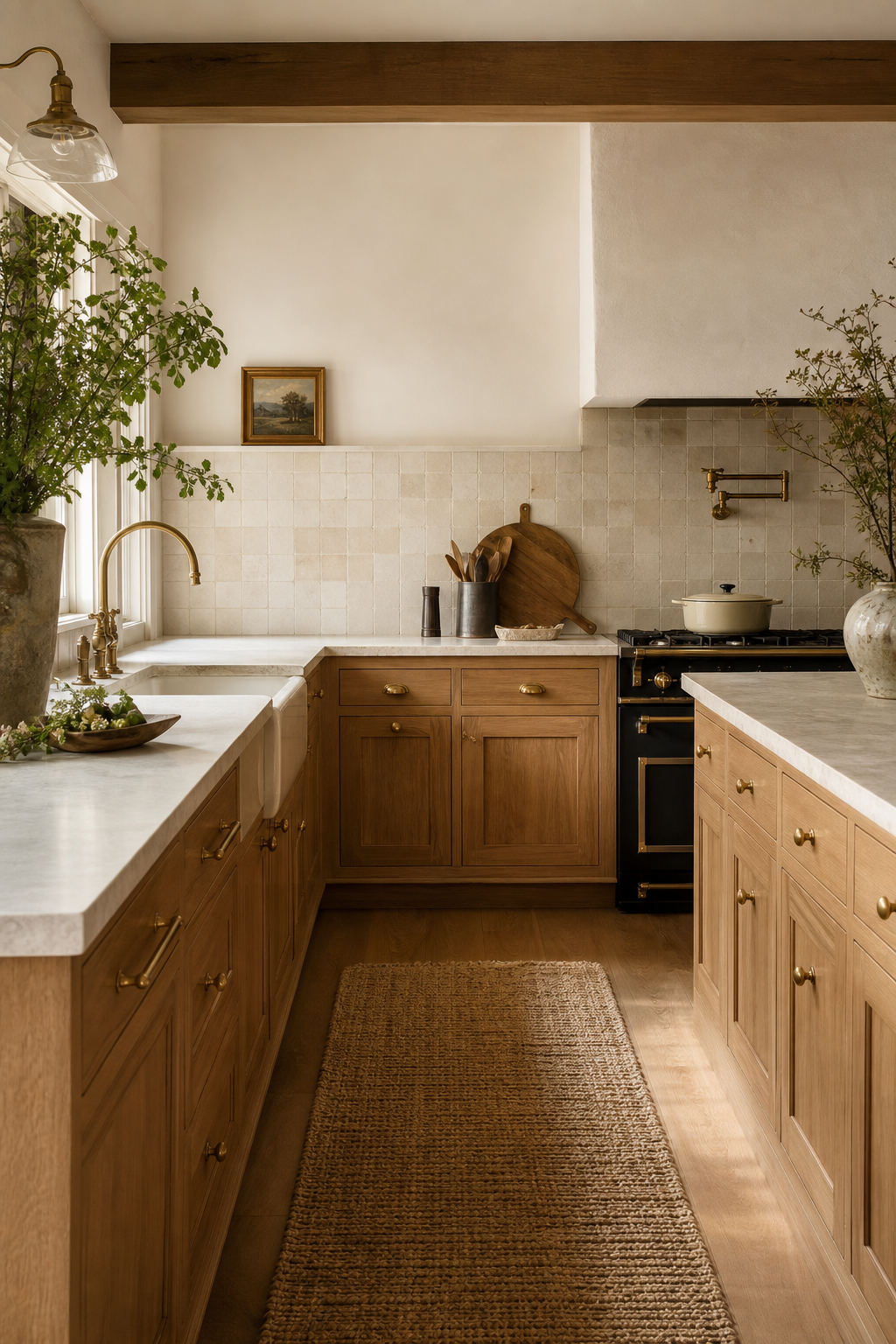 Cozy kitchen with warm oak cabinets, stone counters, and handmade tile