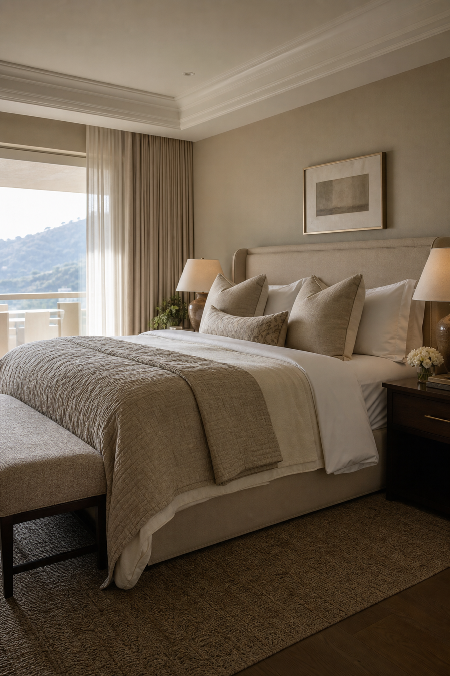 Luxury bed with layered neutral bedding and soft morning light