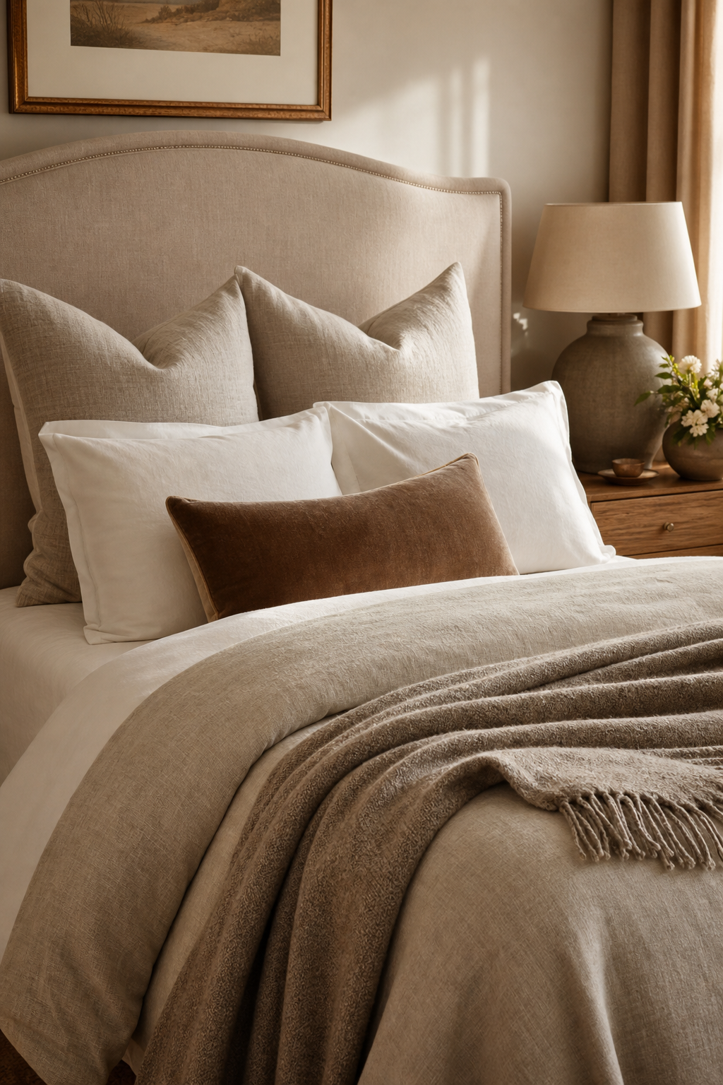 Layered luxury bed with linen bedding, textured pillows, and warm throw