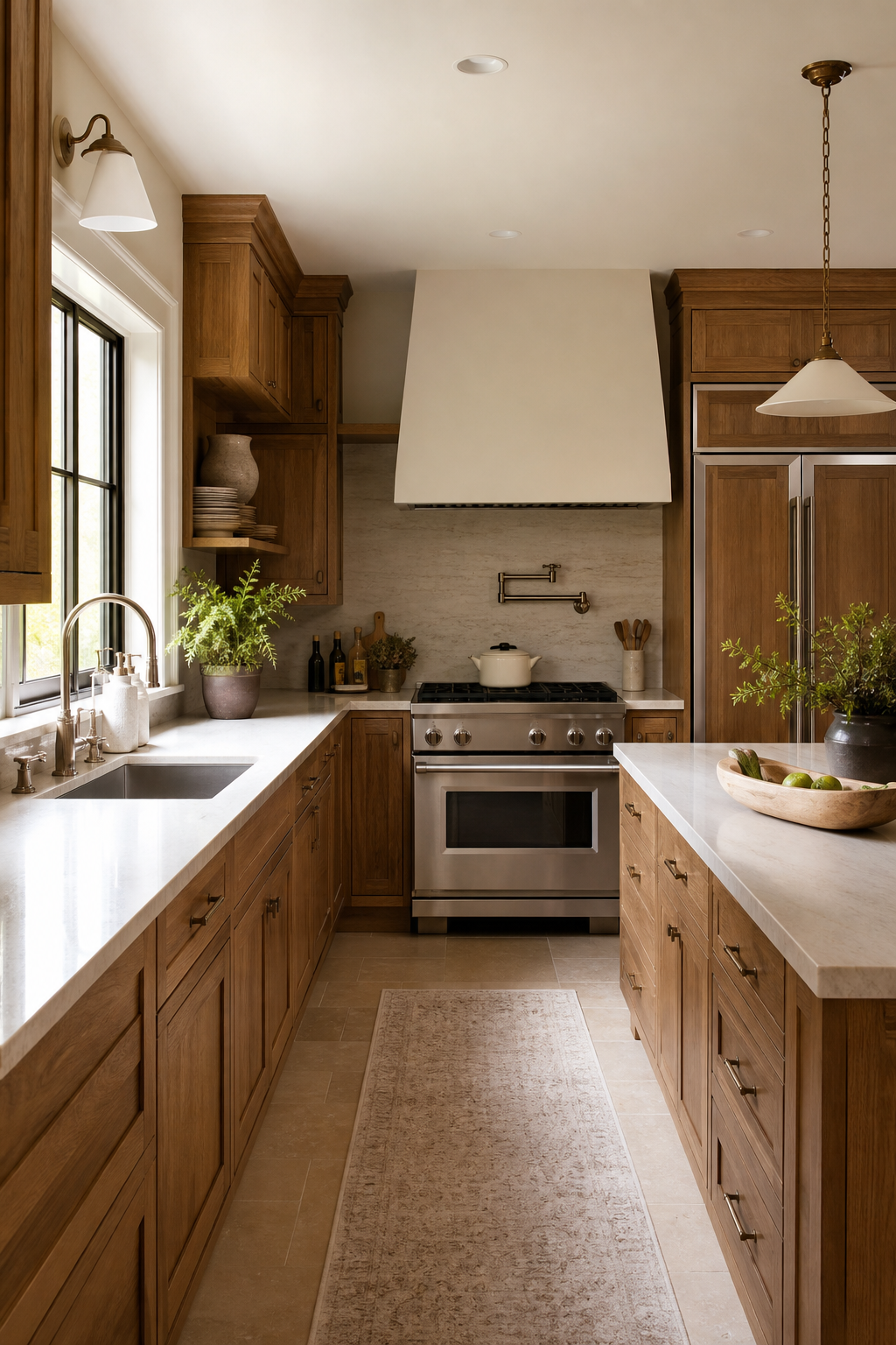 Simple warm kitchen layout with clear work triangle between sink range and refrigerator