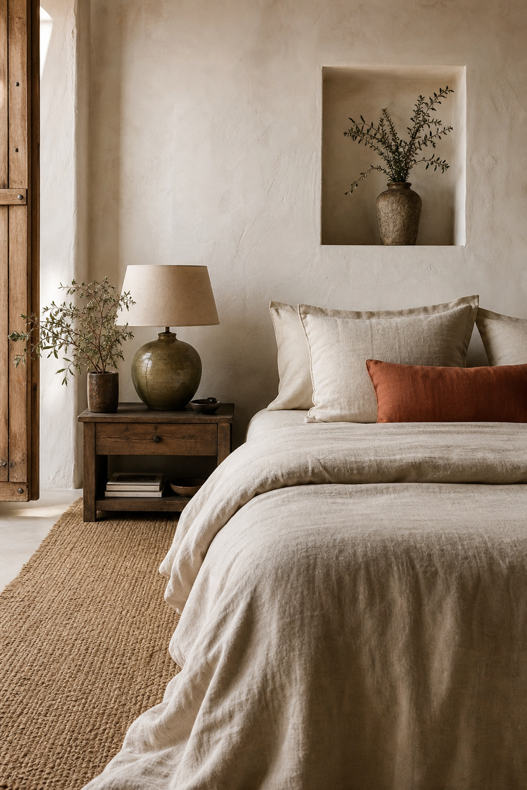 Boho bedroom with quiet earth tones and natural woven textures