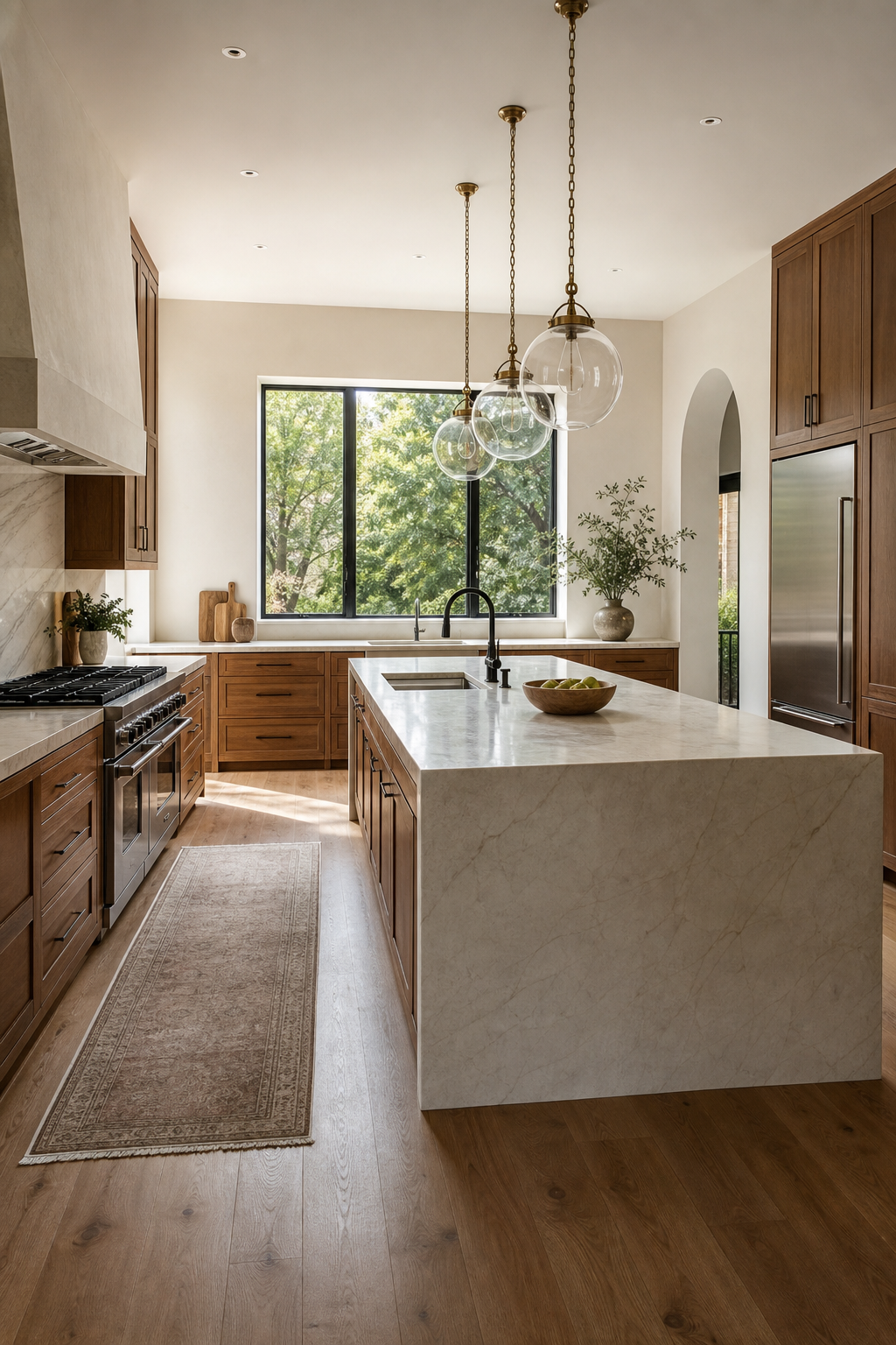 Kitchen island sized with clear walkways around the work zones