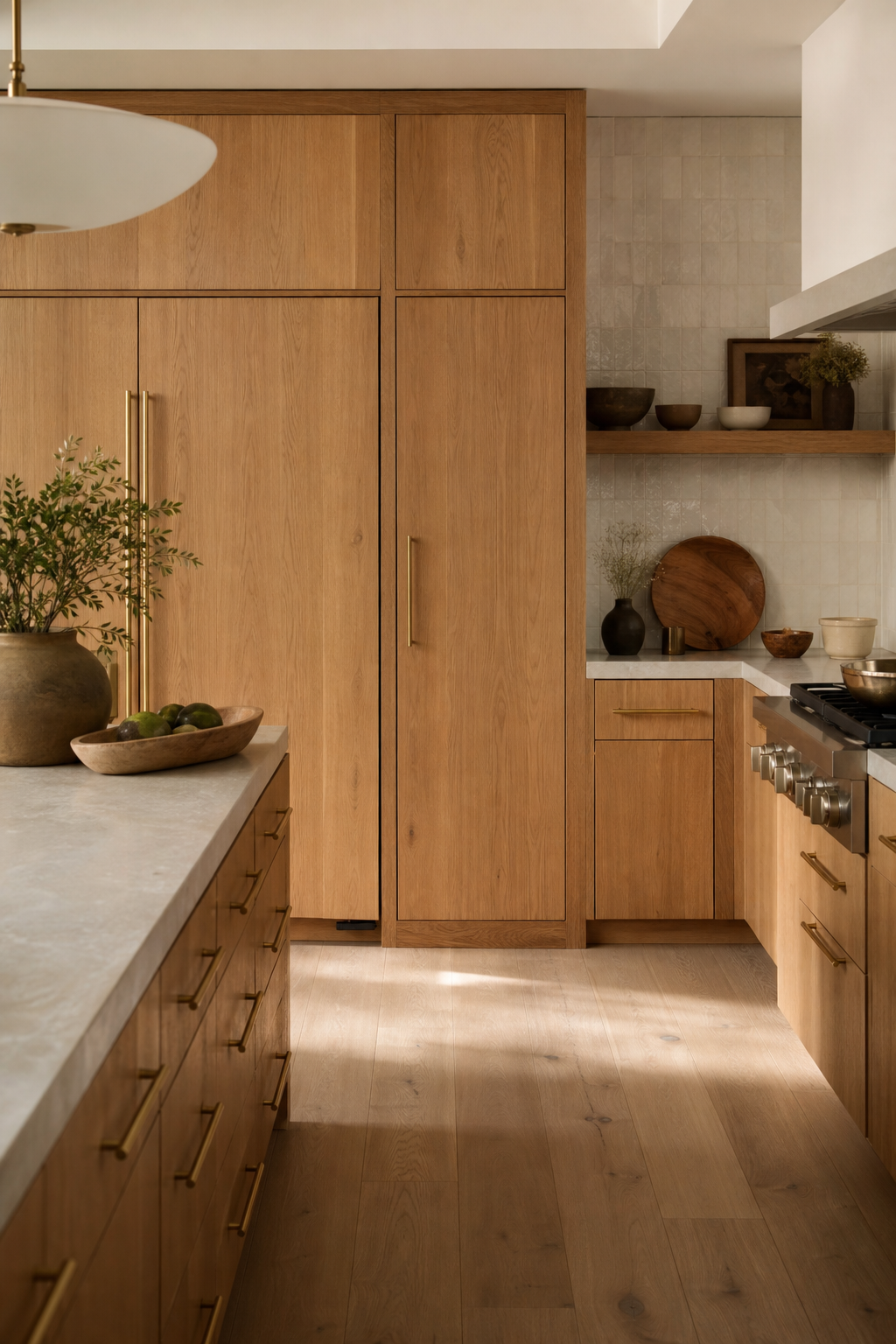 Modern kitchen with warm oak cabinetry, honed stone counters, and natural light
