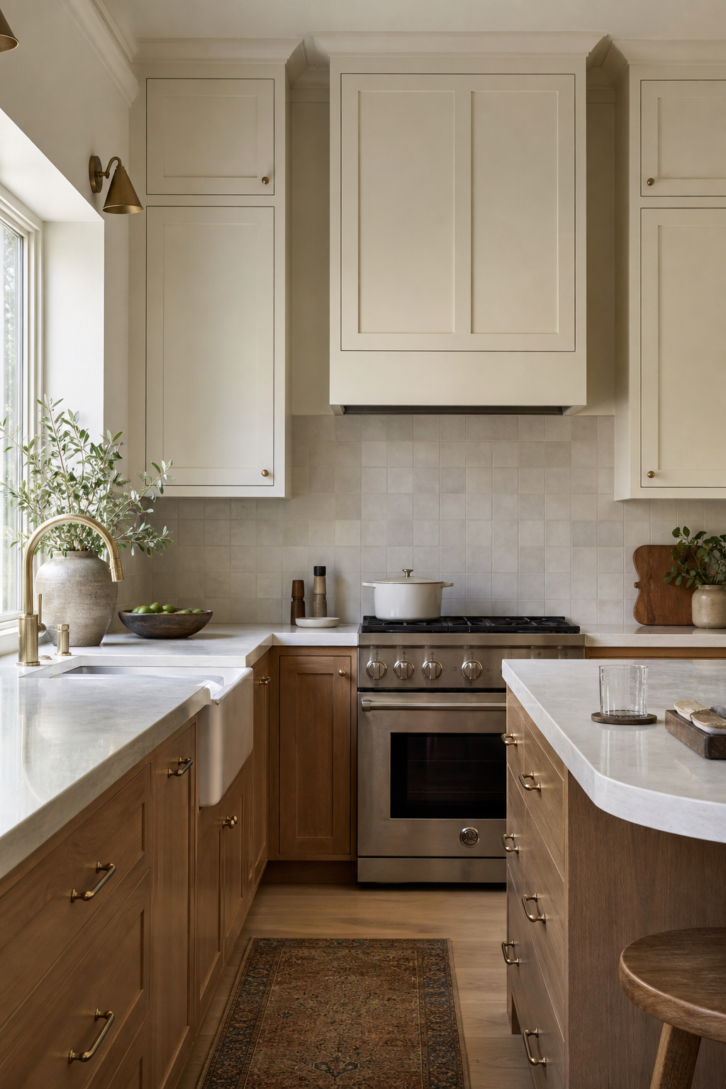 Small kitchen with cabinets running to the ceiling for elegant storage