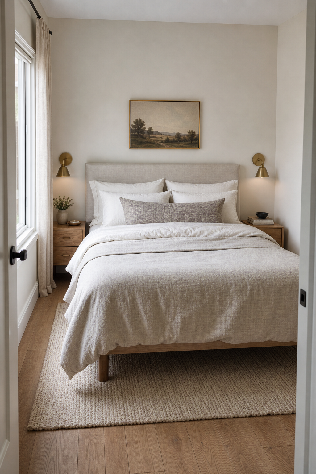 Small bedroom with centered queen bed, slim nightstands, and clear paths on both sides