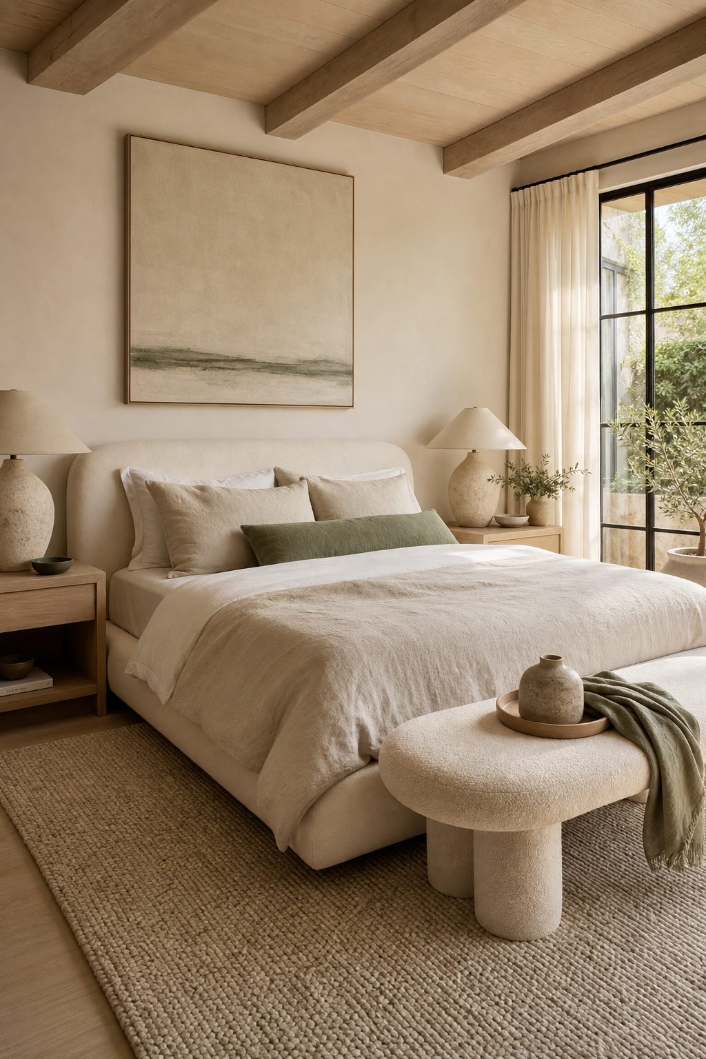 Modern organic bedroom with linen bedding, oak furniture, and natural textures