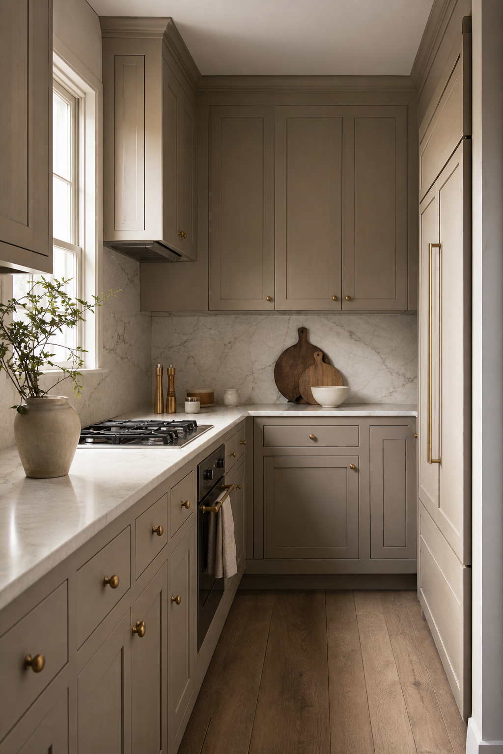 Very small kitchen with slim greige shaker cabinets, marble surfaces, and brass hardware
