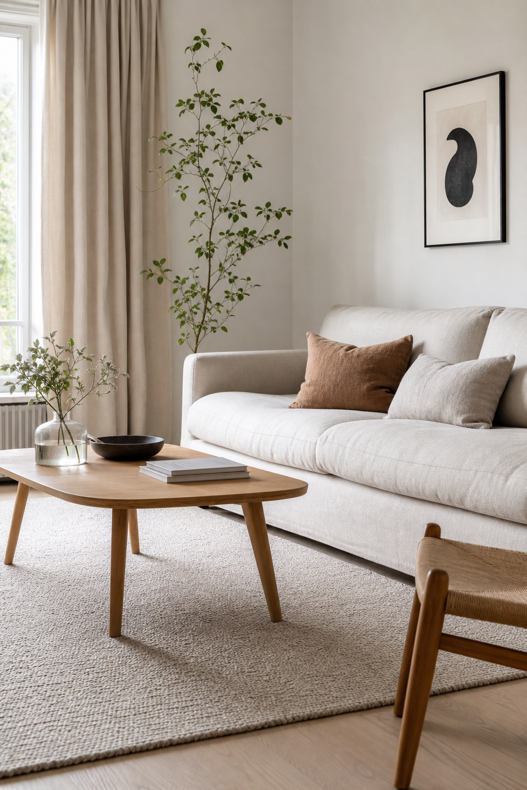 Scandinavian living room with soft white base and pale oak warmth