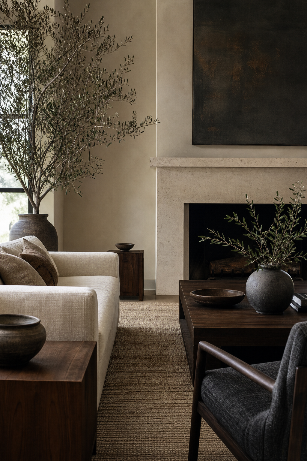 Luxury living room with ivory sofa, walnut furniture, charcoal rug, layered lighting, and quiet material contrast