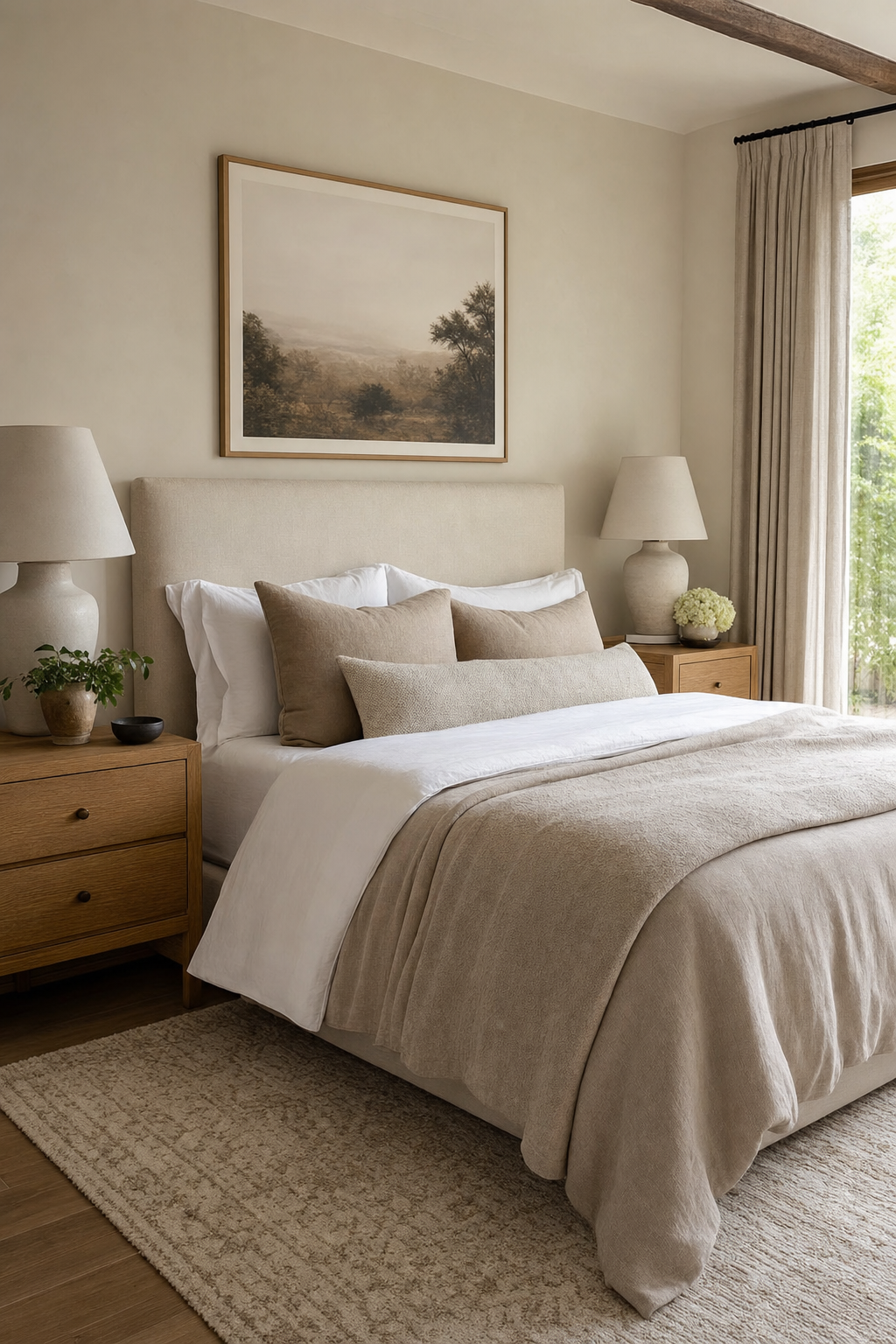 Stylish bedroom with centered upholstered bed, layered bedding, and balanced bedside lighting