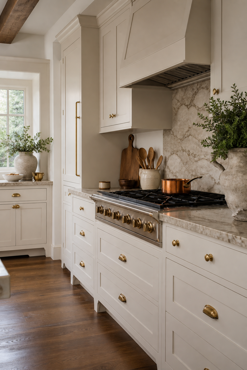 Creamy shaker cabinetry in a warm modern farmhouse kitchen