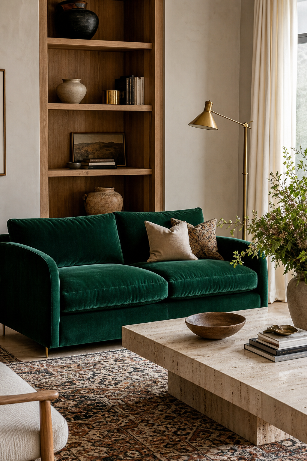 Luxury living room with emerald velvet sofa, travertine table, brass lighting, and patterned rug