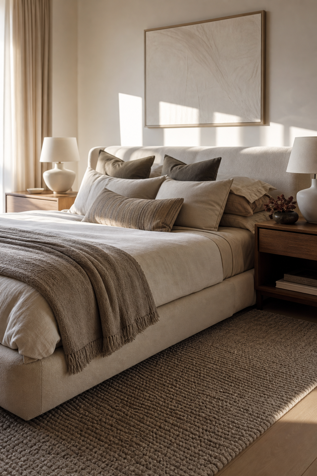 Low upholstered modern bed with layered neutral bedding and slim nightstands
