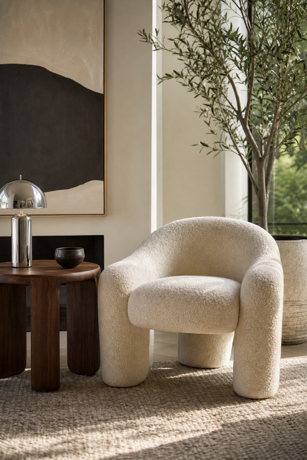 Sculptural boucle chair styled in a cool modern living room corner