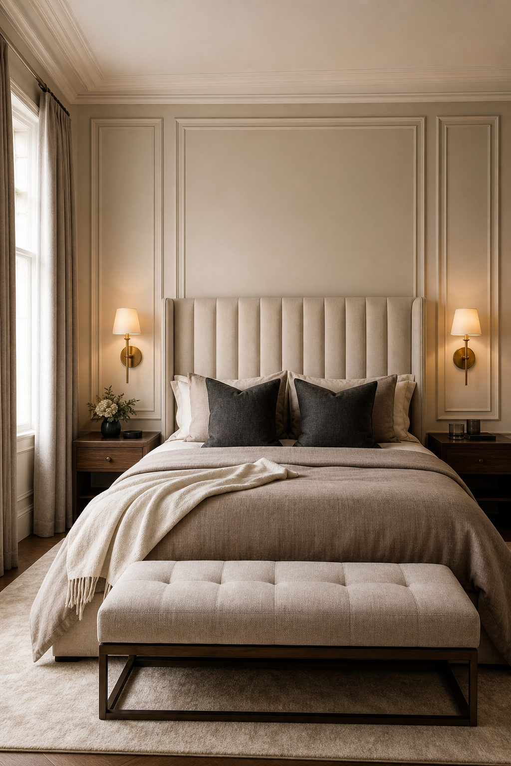 Modern classic bedroom with upholstered headboard, taupe bedding, and brass sconces