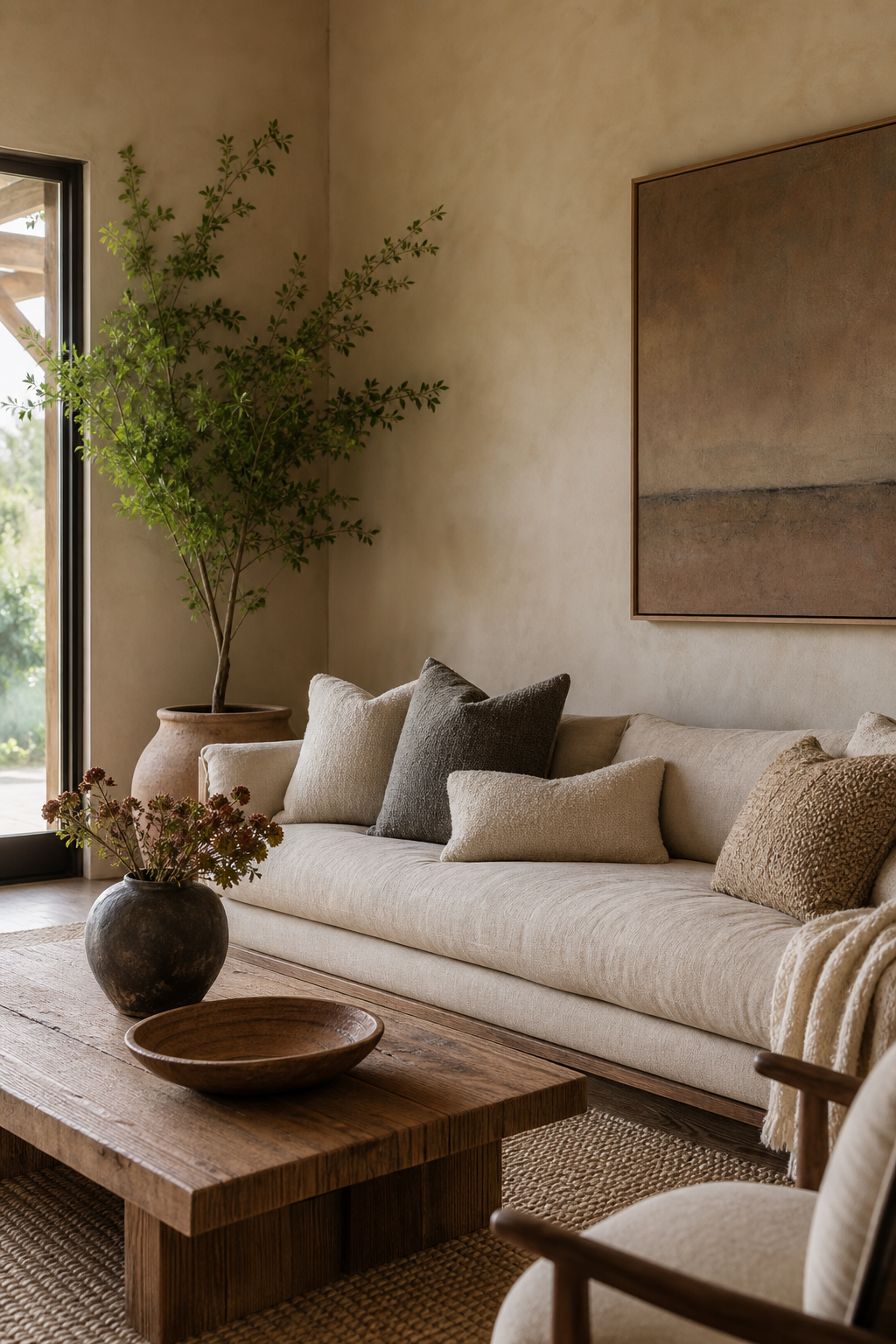 Warm neutral boho living room with an oatmeal sofa and layered natural textures