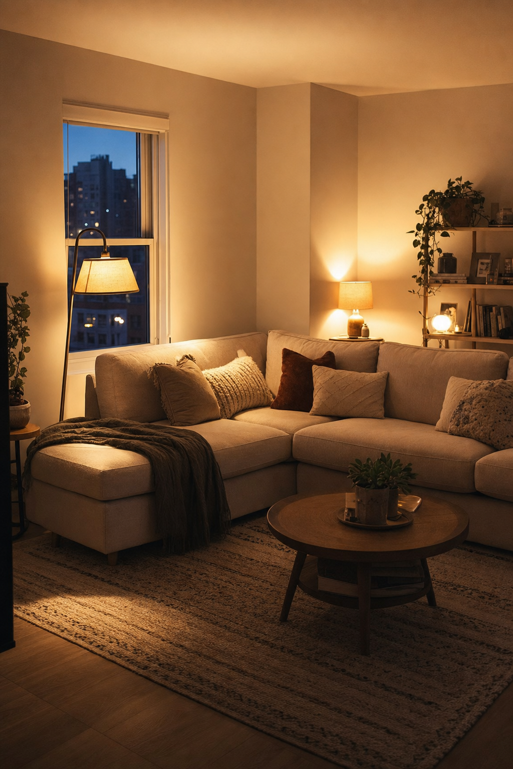 Cozy apartment living room with warm layered lighting
