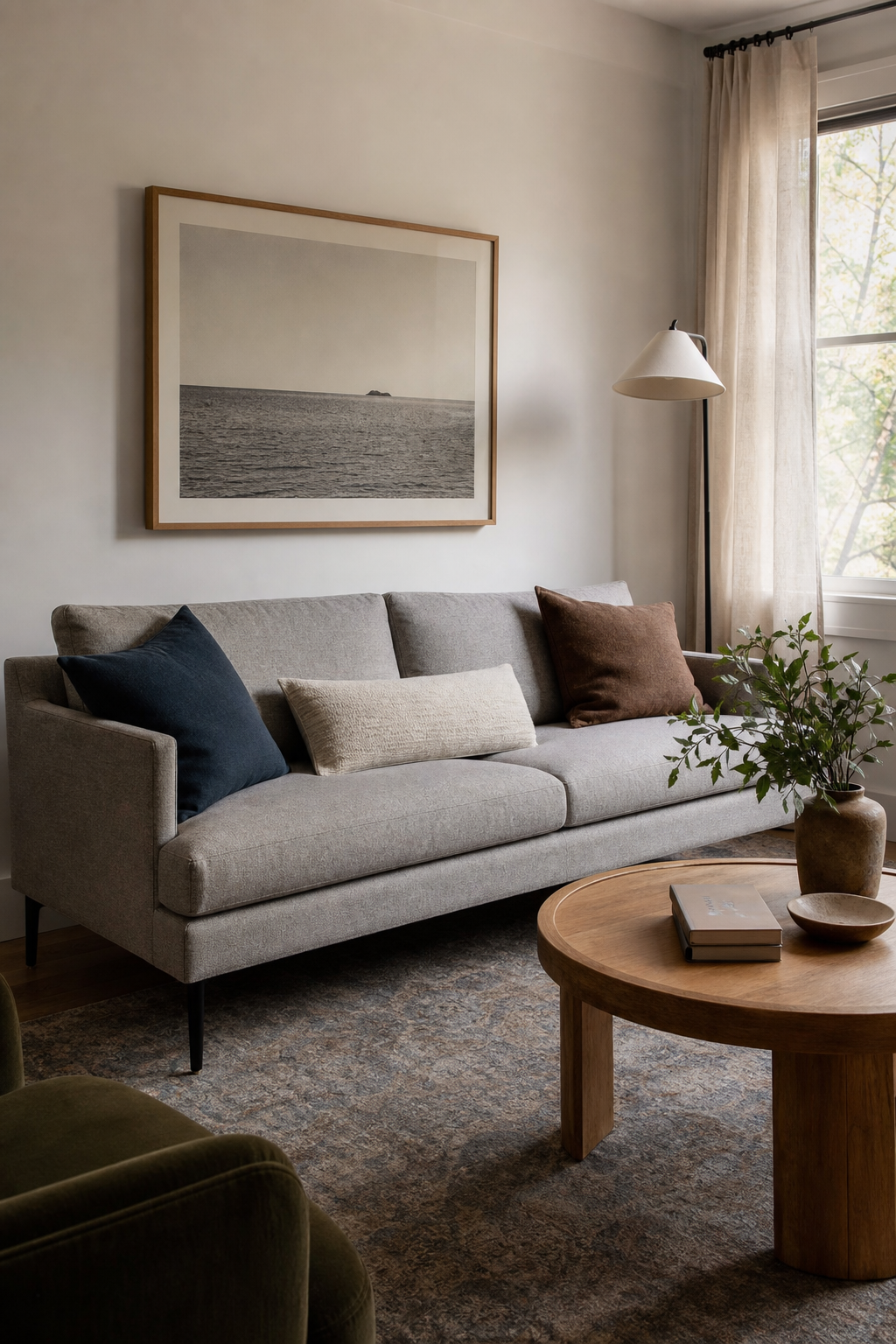 Small living room with a slim tailored sofa and cozy designer decor