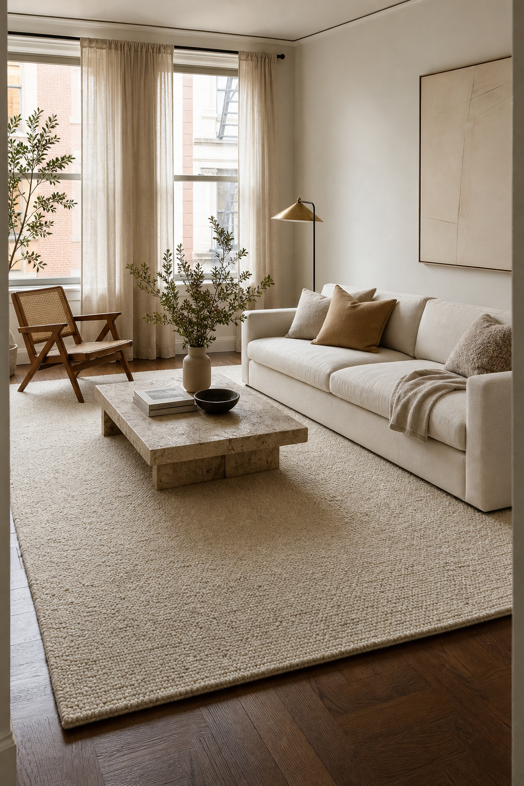 Small apartment living room with a large warm ivory rug, cream sofa, and elegant neutral decor