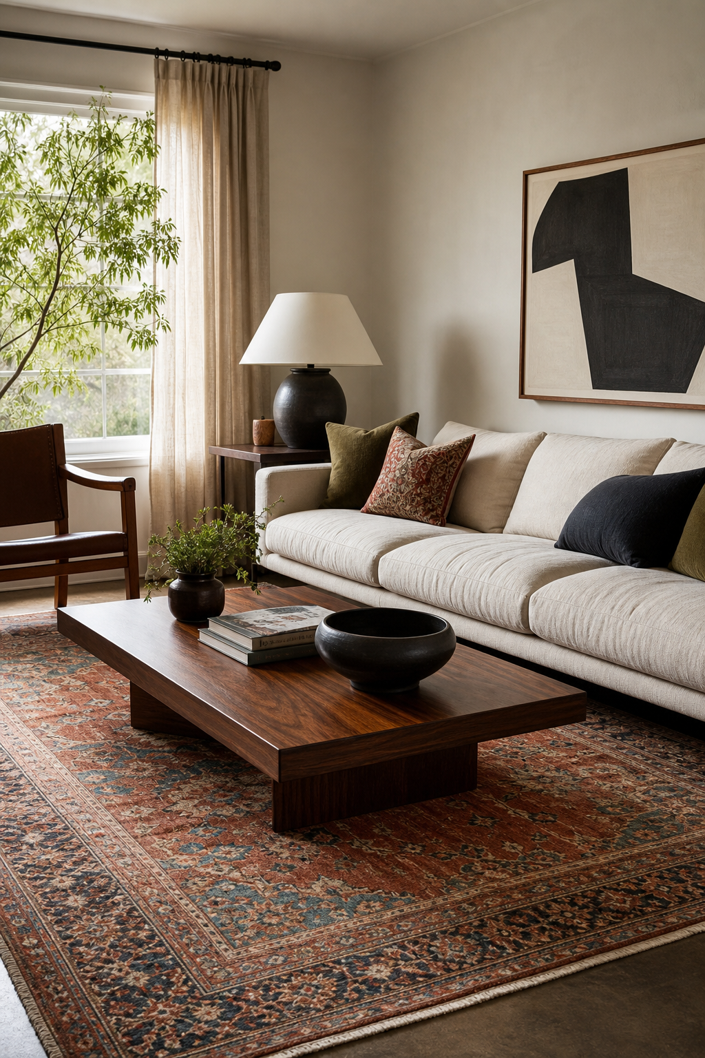 Vintage rug anchoring an eclectic living room