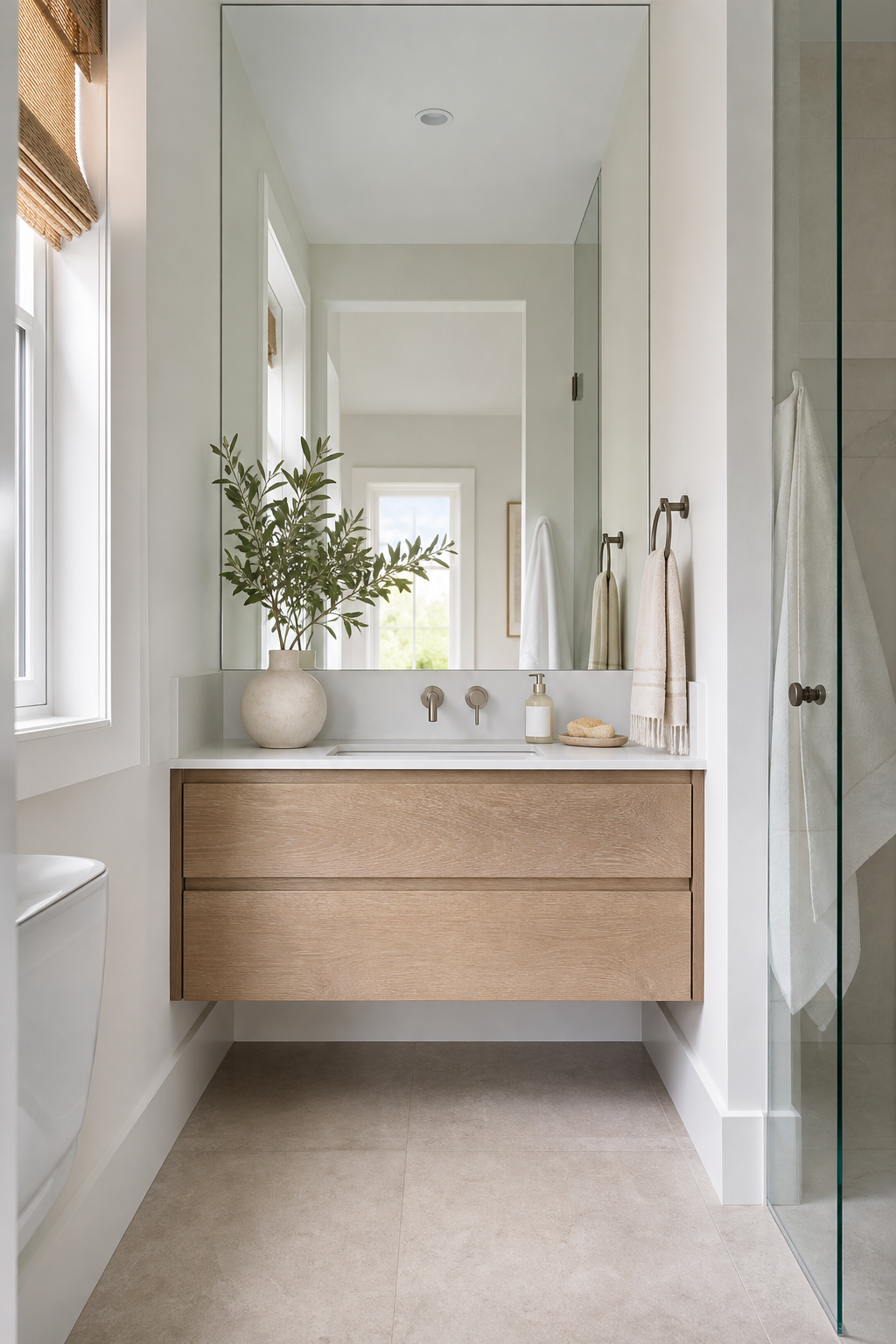 Small full bathroom idea with float the vanity to show more floor