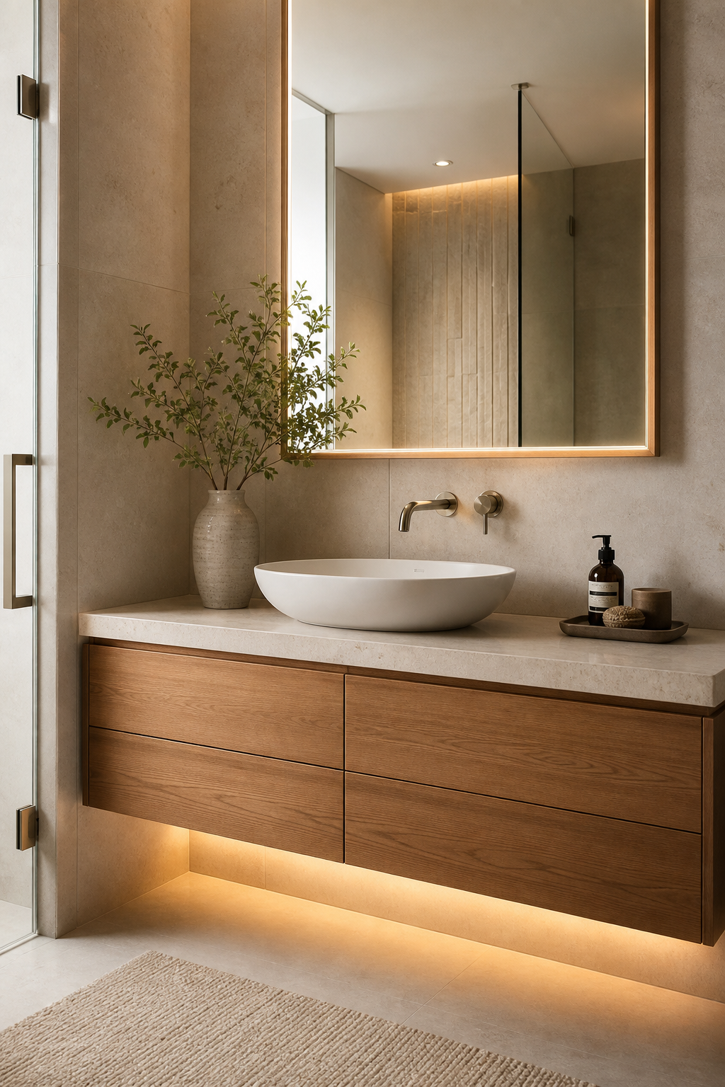 Floating warm wood vanity with stone counter in a modern spa bathroom