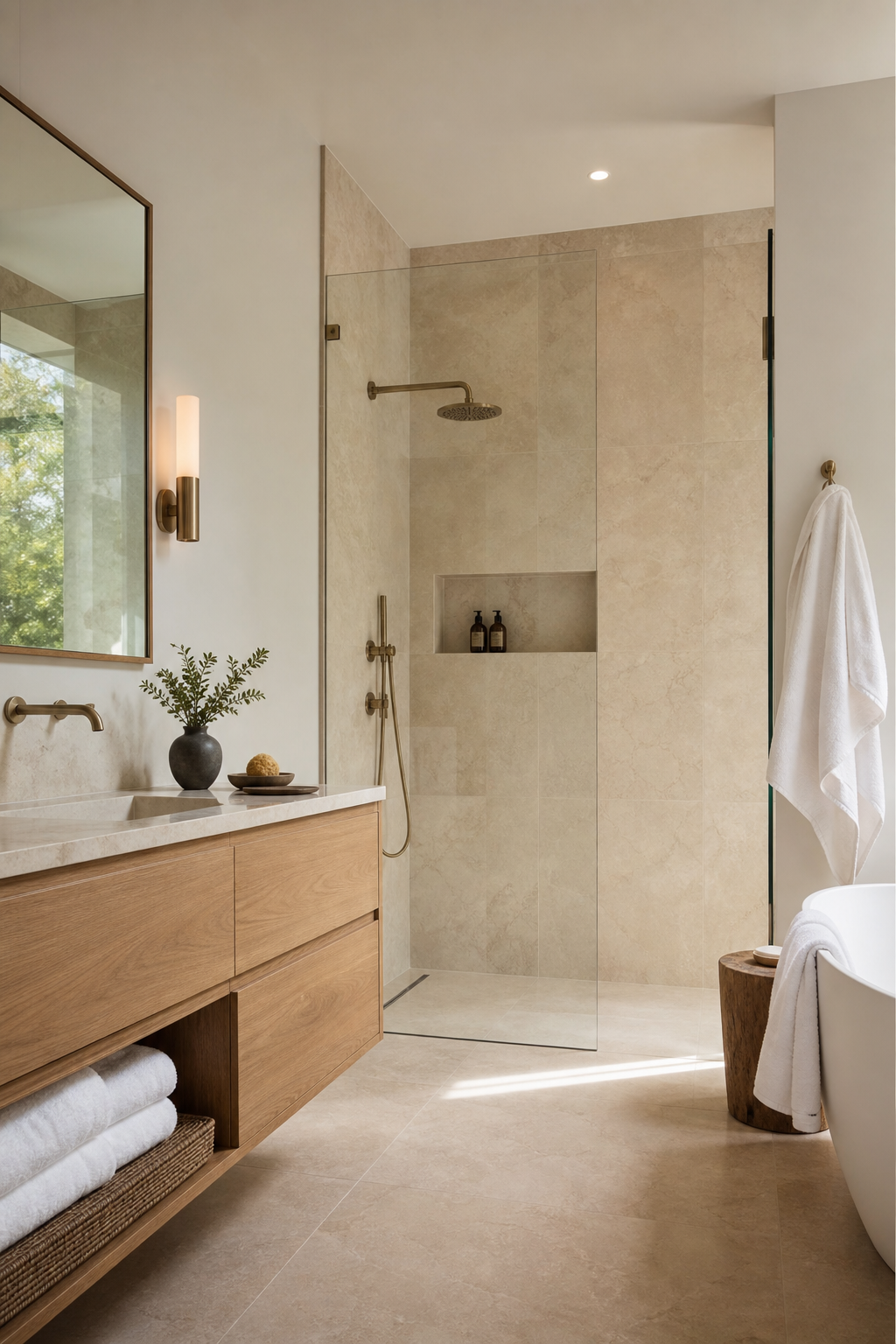 Spa-like bathroom with warm stone tile and floating oak vanity