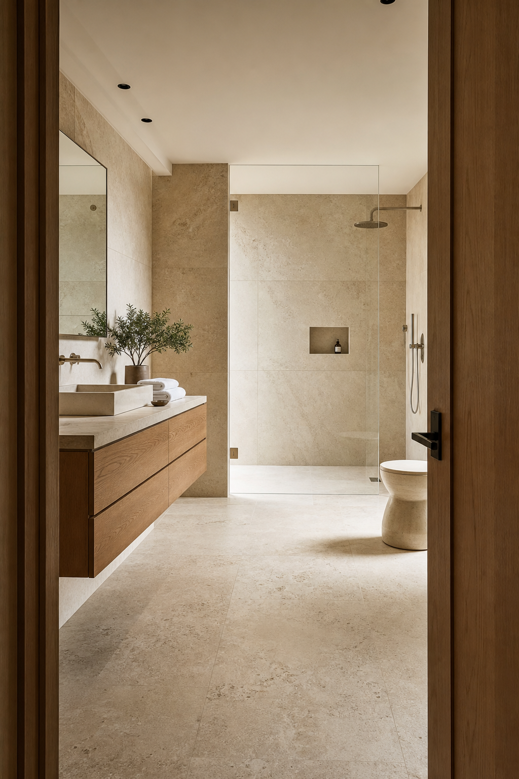 Modern bathroom with warm limestone tile, floating oak vanity, and glass shower